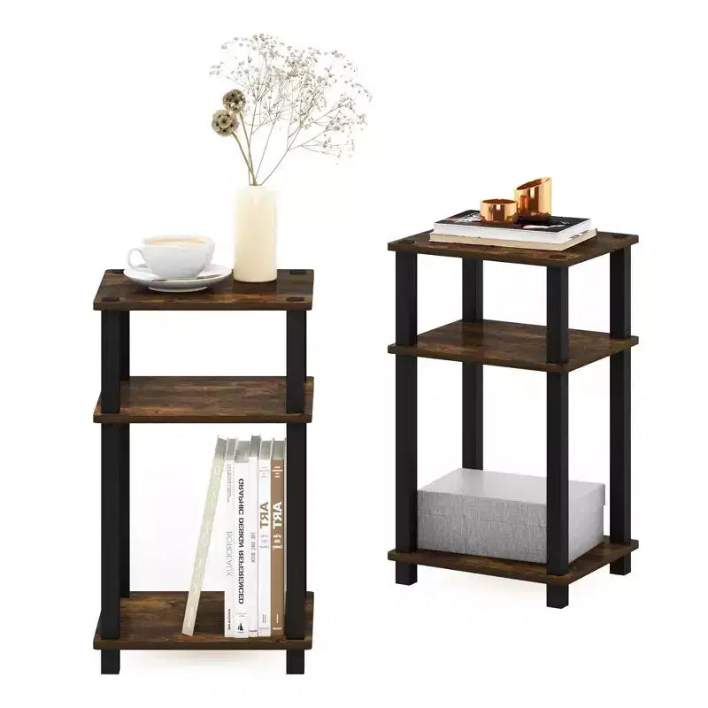 Furinno 2PCS 3-Tier Industrial Accent End Table Sofa Side Table Nightstand W/Open Bookshelf for Living Room&Home Office&Study&Bedroom,Amber Pine/Black