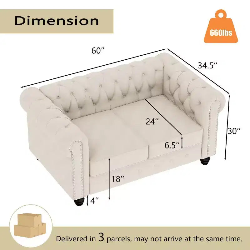 60 in. Velvet Beige Couches 2-Seater Loveseat for Living Room Furniture Sets-Morden Fort