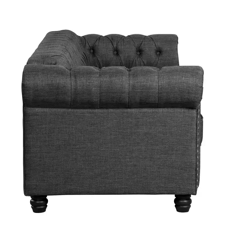 Linen Chesterfield Sofa with Button Tufted, Nailhead, and Solid Wood Legs for Living Room-Morden Fort