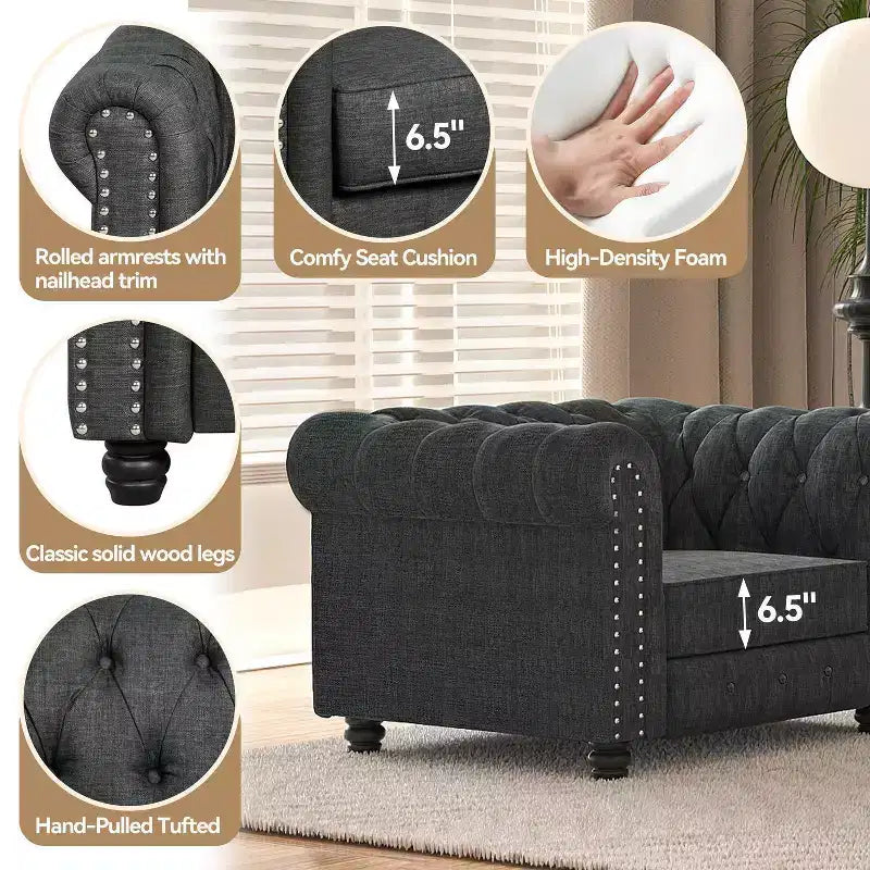 Linen Chesterfield Sofa with Button Tufted, Nailhead, and Solid Wood Legs for Living Room-Morden Fort