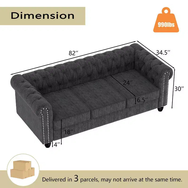 Linen Chesterfield Sofa with Button Tufted, Nailhead, and Solid Wood Legs for Living Room-Morden Fort