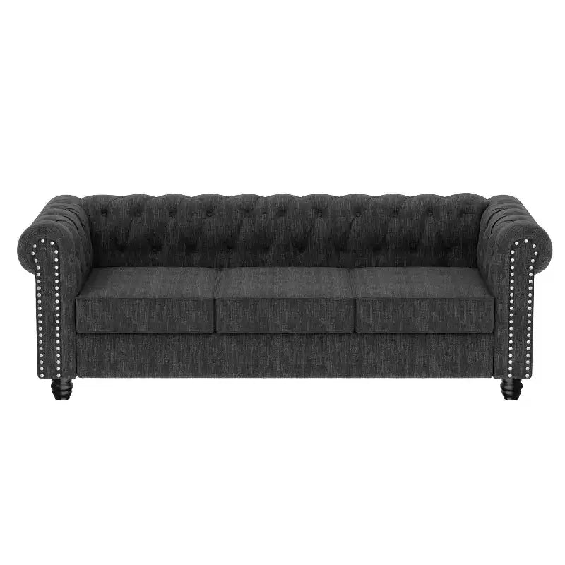 Linen Chesterfield Sofa with Button Tufted, Nailhead, and Solid Wood Legs for Living Room-Morden Fort