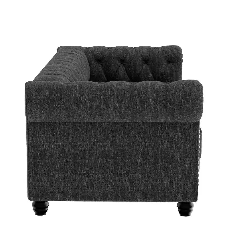 Linen Chesterfield Sofa with Button Tufted, Nailhead, and Solid Wood Legs for Living Room-Morden Fort