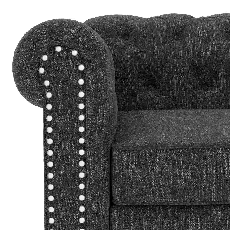 Linen Chesterfield Sofa with Button Tufted, Nailhead, and Solid Wood Legs for Living Room-Morden Fort